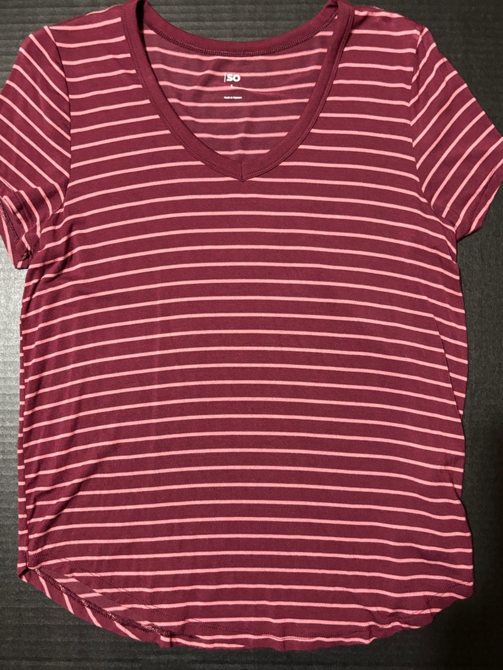 SO Burgundy and Light Pink Striped V-Neck Short Sleeve Top